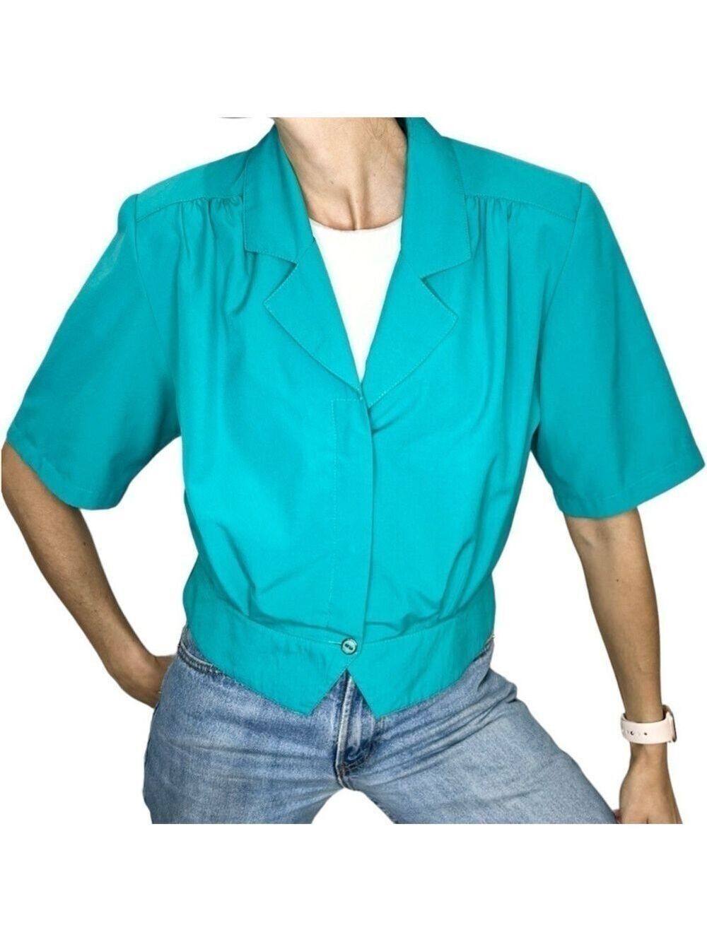 Vintage 80s 90s turquoise half sleeve cropped shoulder pad blouse jacket blazer